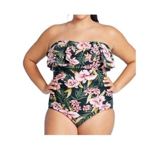 Kona Sol Swimsuit Bathing Suit Ruffle Bandeau One Piece Tropical Floral Size 26